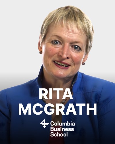 A person with short hair smiles, wearing a blue jacket, with text "RITA MCGRATH" and "Columbia Business School" overlaid at the bottom.