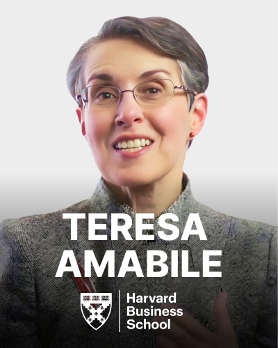 A person with short hair and glasses smiles, with text below that reads "Teresa Amabile" and "Harvard Business School.