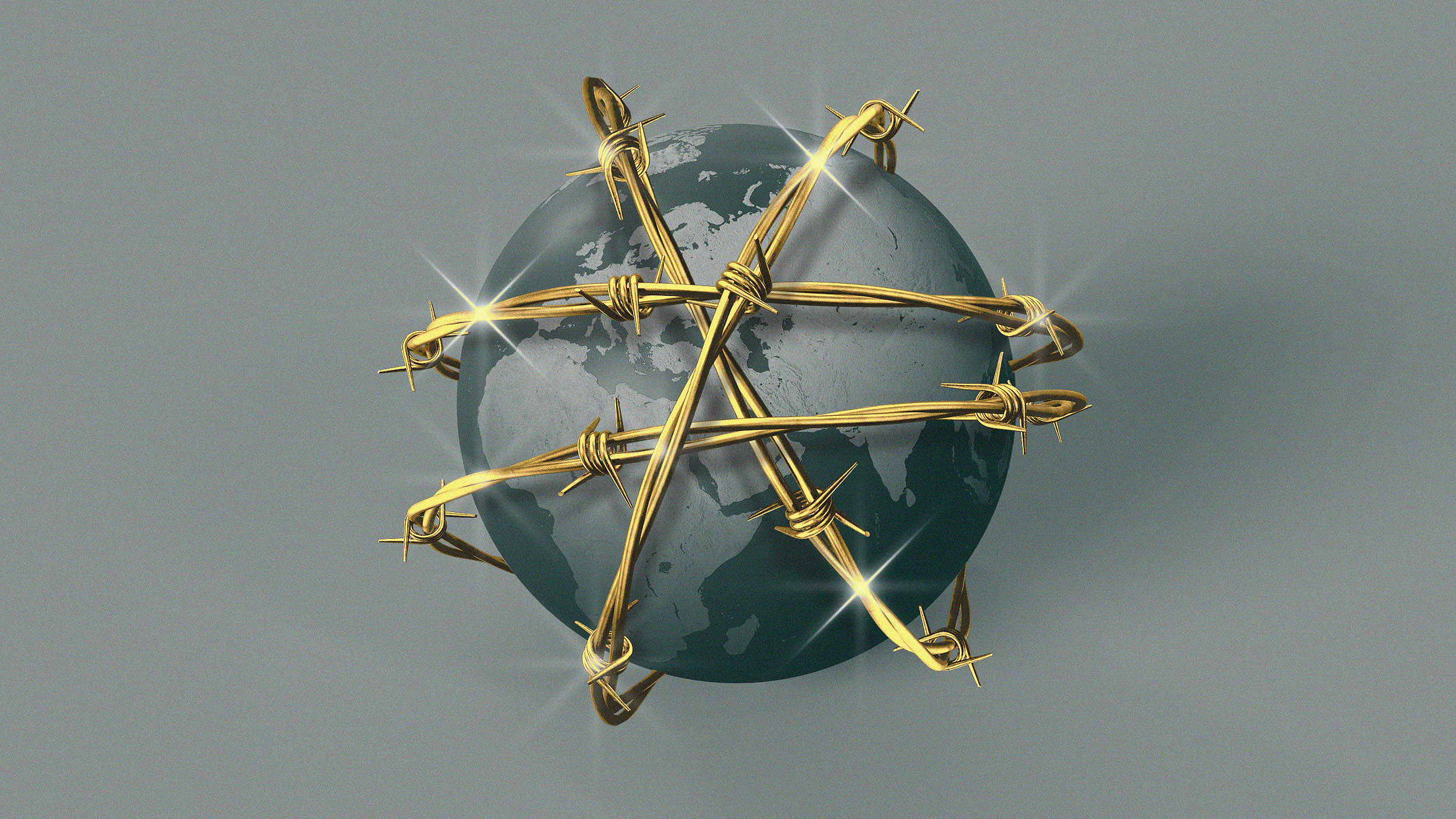 A globe is encircled by golden barbed wire against a gray background, evocative of autocracy and symbolizing restriction or confinement with a sense of luxury.