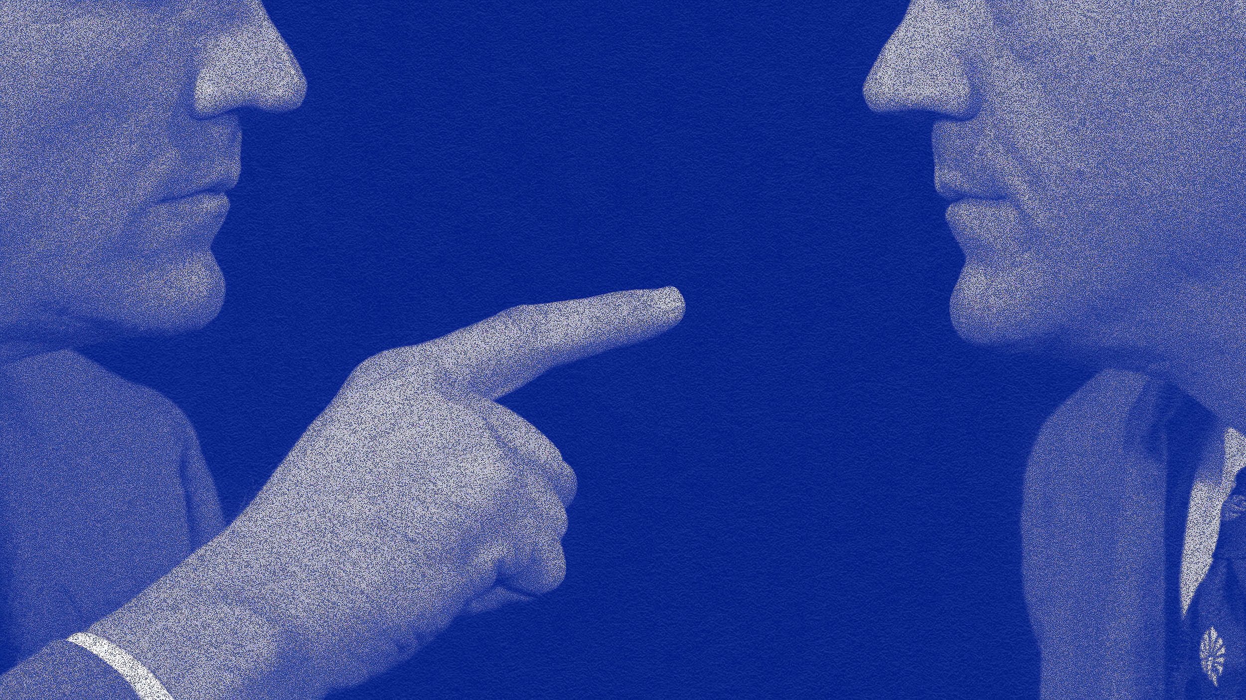 Two men in profile face each other. One points a finger at the other, who remains still, poised to embrace counterarguments. The image features a blue color overlay.