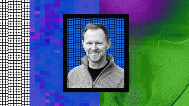 A black and white portrait of a smiling man in a gray sweater is centered against a vibrant, abstract digital background with blue, purple, and green sections, evoking the essence of humanity striking back.