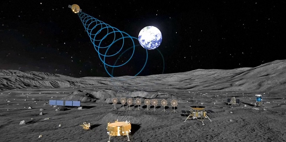 Various gold-colored spacecraft and instruments are set up on a lunar surface with Earth visible in the background, along with blue wave lines extending from a transmitter.