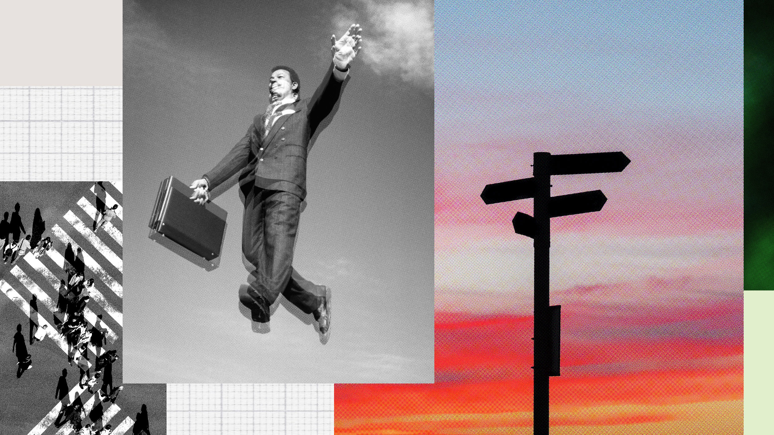 Collage showing a man in a suit with a briefcase floating, silhouettes crossing a street, and a signpost against a colorful sky, symbolizing leadership and direction.