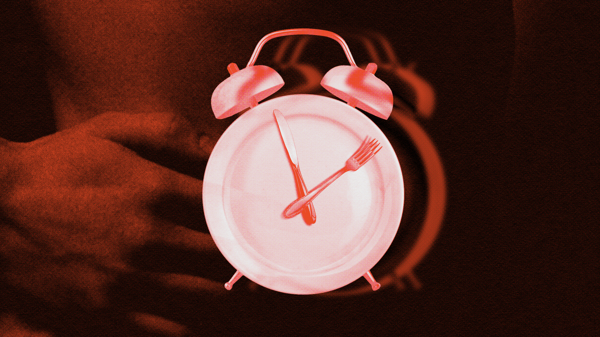 A stylized clock with a plate as the face and a fork and knife as the hands, emitting a red glow against a dark background, symbolizes the ritual of fasting.