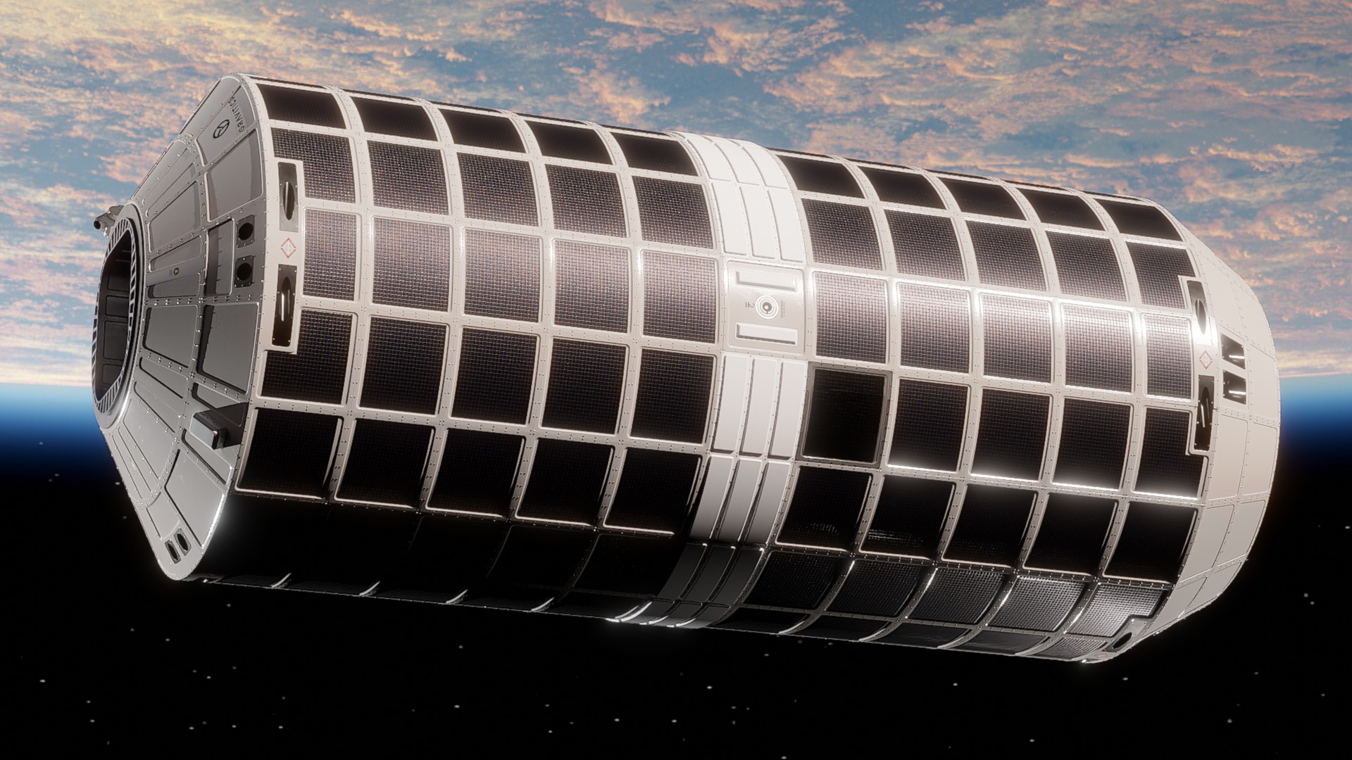 A cylindrical space module with a grid-like exterior floats in outer space with Earth in the background.