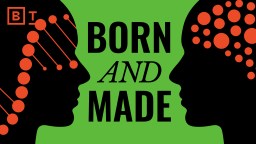 Illustration of two human silhouettes facing each other with neural connections and nodes, featuring the text "BORN AND MADE" on a green background.