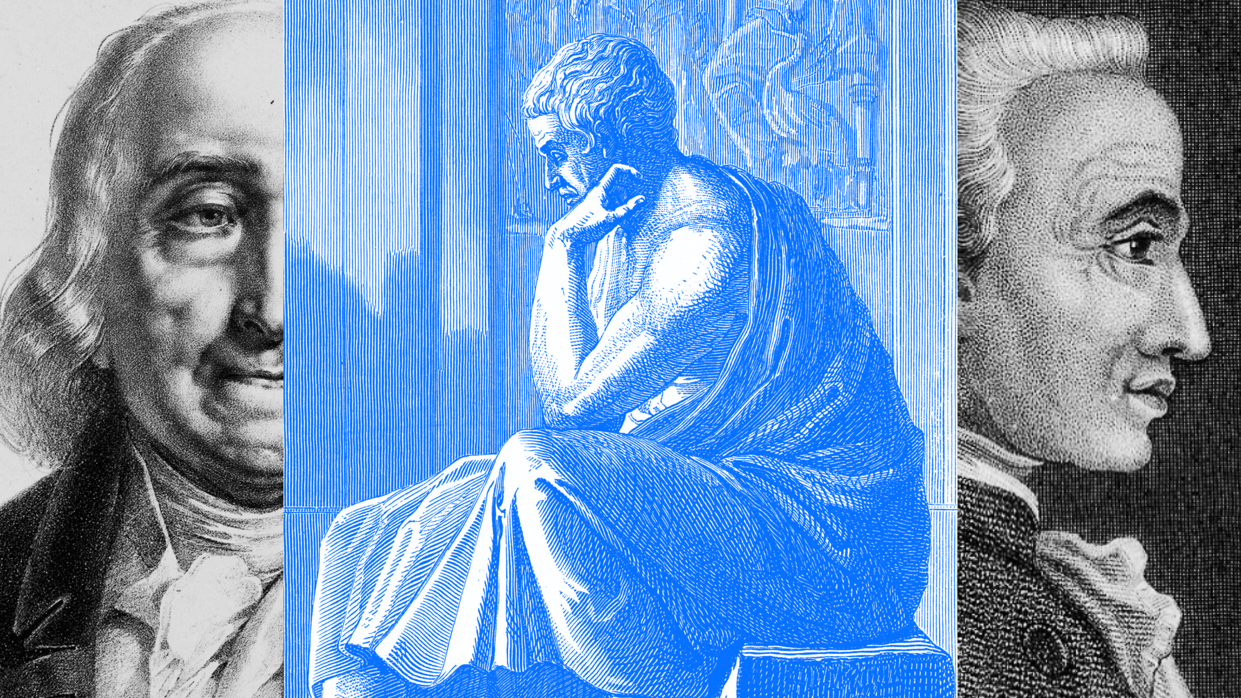 Three historical figures in a collage: on the left and right, black and white sketches of two different men; in the center, a blue-toned image of a statue of a seated, thinking person—a perfect visual encapsulation of philosophy for leaders.