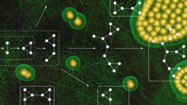 Green and yellow abstract scientific illustration depicting molecular structures interconnected with arrows, set against a dark background.