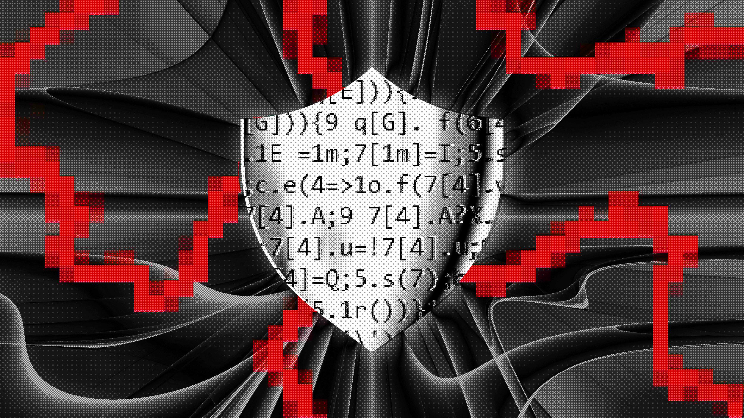 A stylized digital shield in the center, surrounded by red pixelated designs, with quantum code fragments displayed on the shield. The background has black, swirling patterns, reminiscent of encryption tools at work.