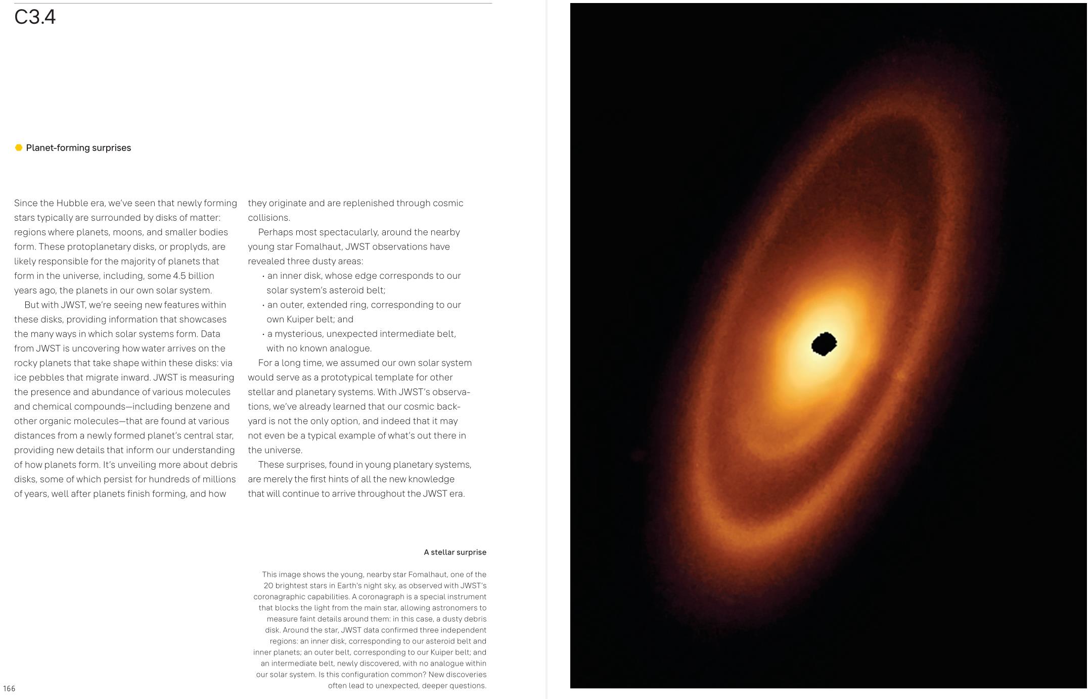 An image of a glowing yellow and orange dust cloud surrounding a dark central area, resembling a young star, next to a page of text discussing planet formation.