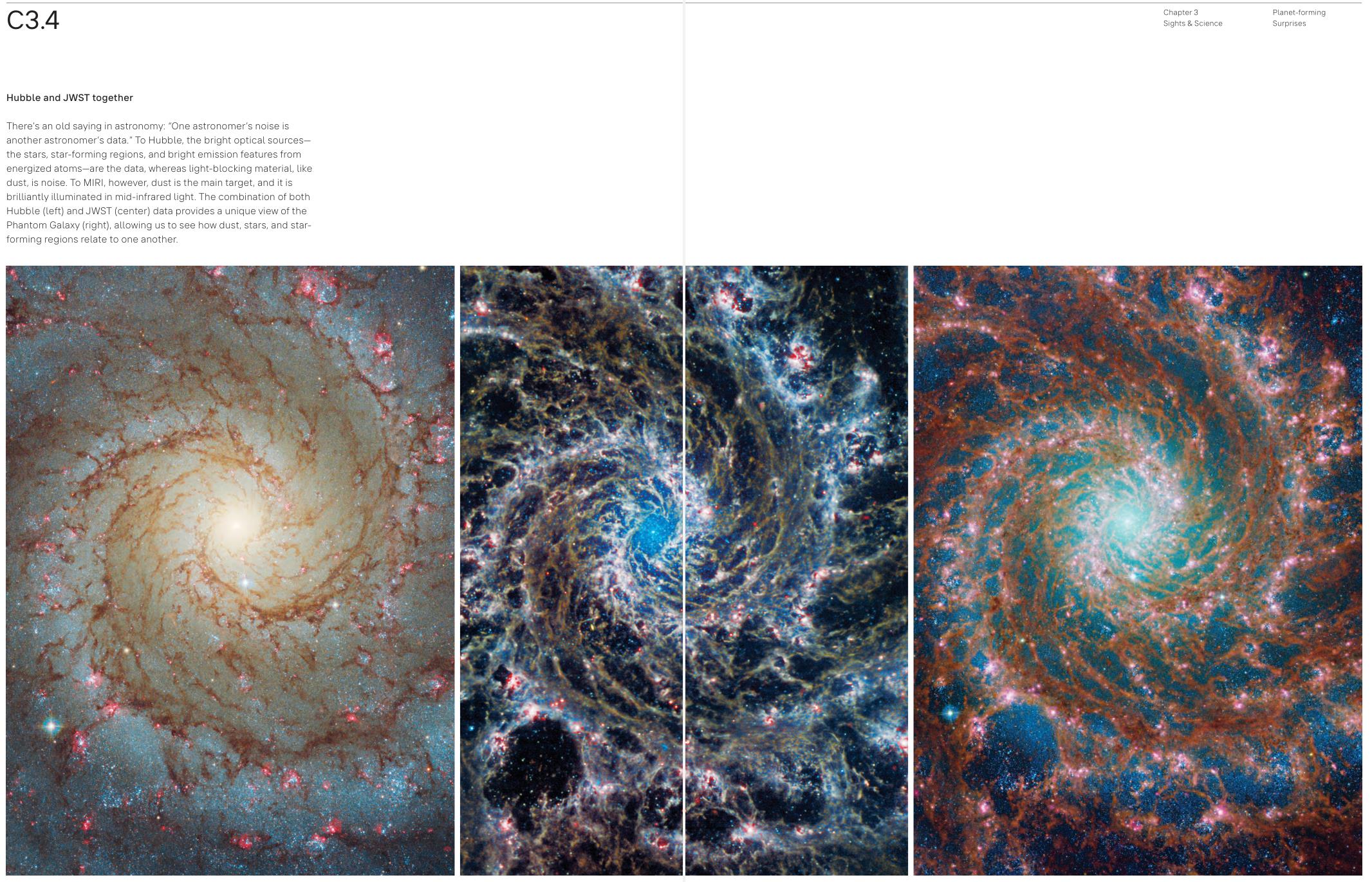 Three spiral galaxy images compared side by side, showcasing different levels of detail and color, from left to right: Hubble view, combined Hubble and JWST view, and JWST view.