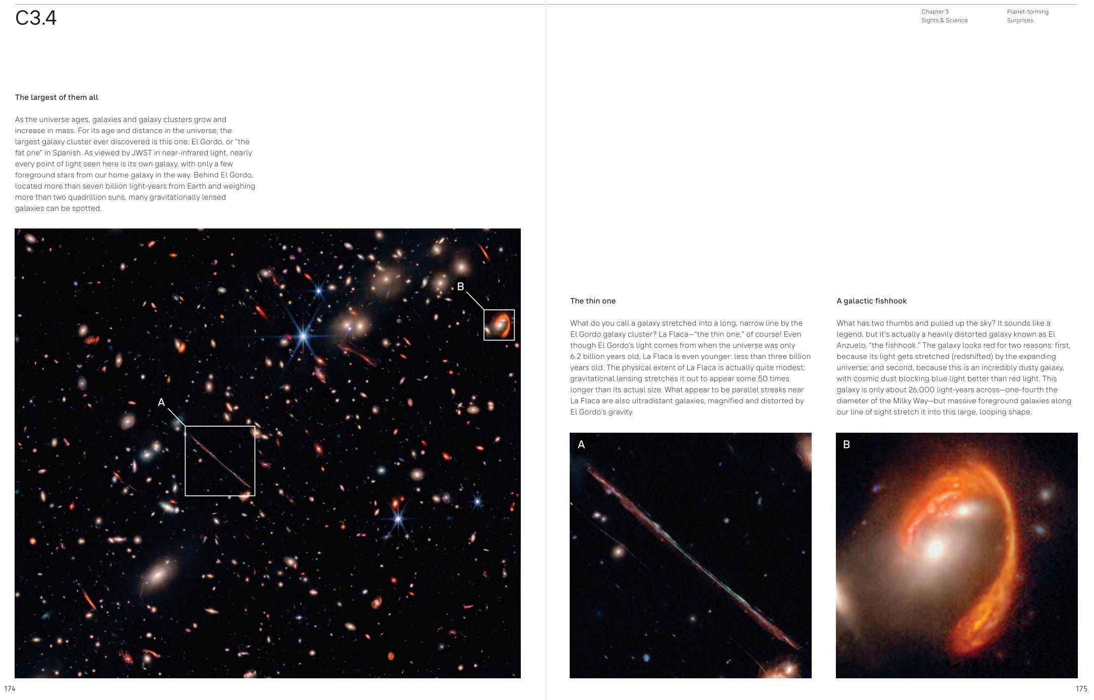 Image of a textbook page shows a collage of distant galaxies and space phenomena with descriptive text. Inset images A and B highlight specific cosmic features.