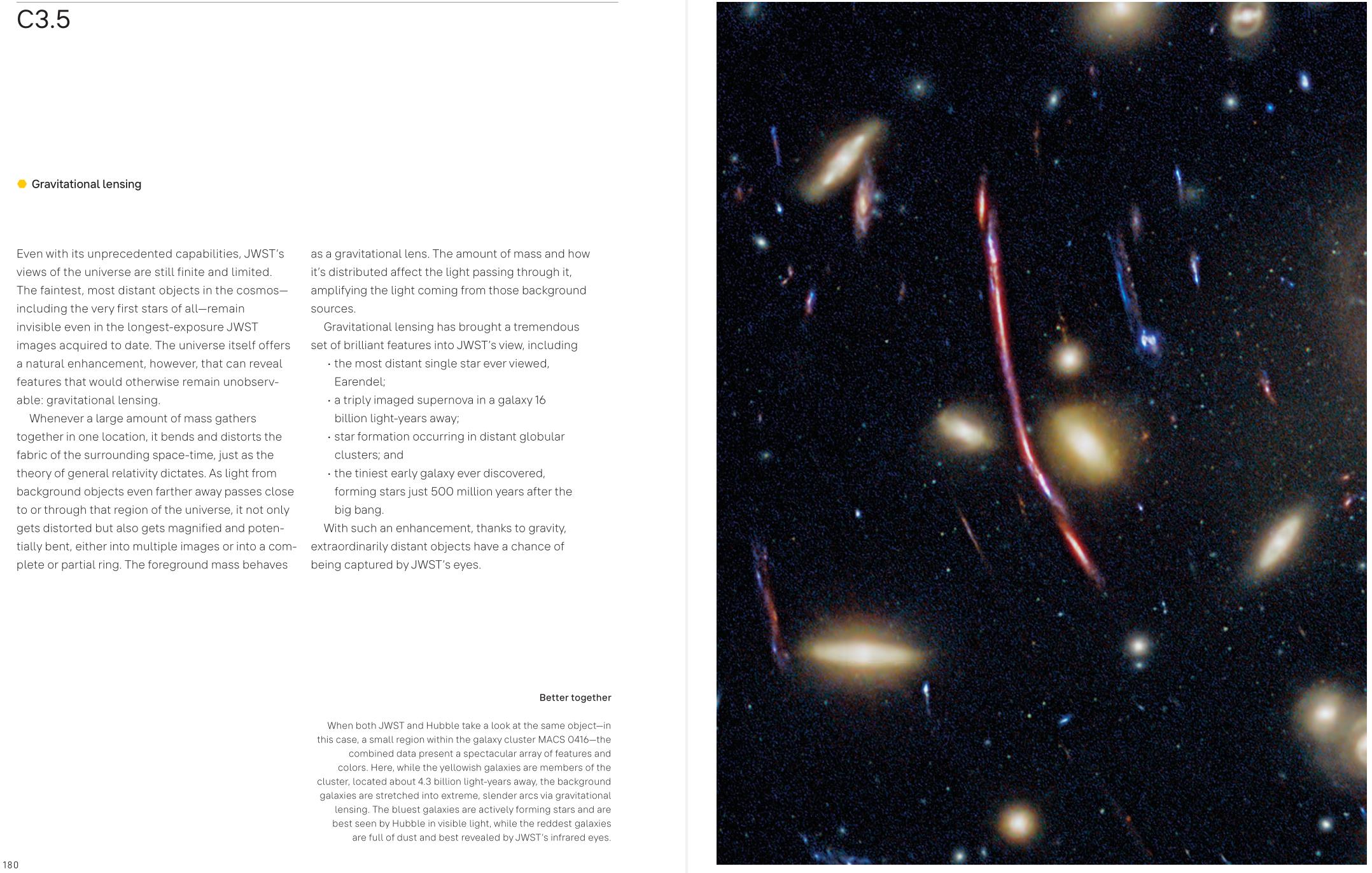 Image of a space scene showing numerous galaxies and stars with a spectrum of colors, including red, orange, and blue. Text on the left discusses the gravitational lensing effect observed in space.