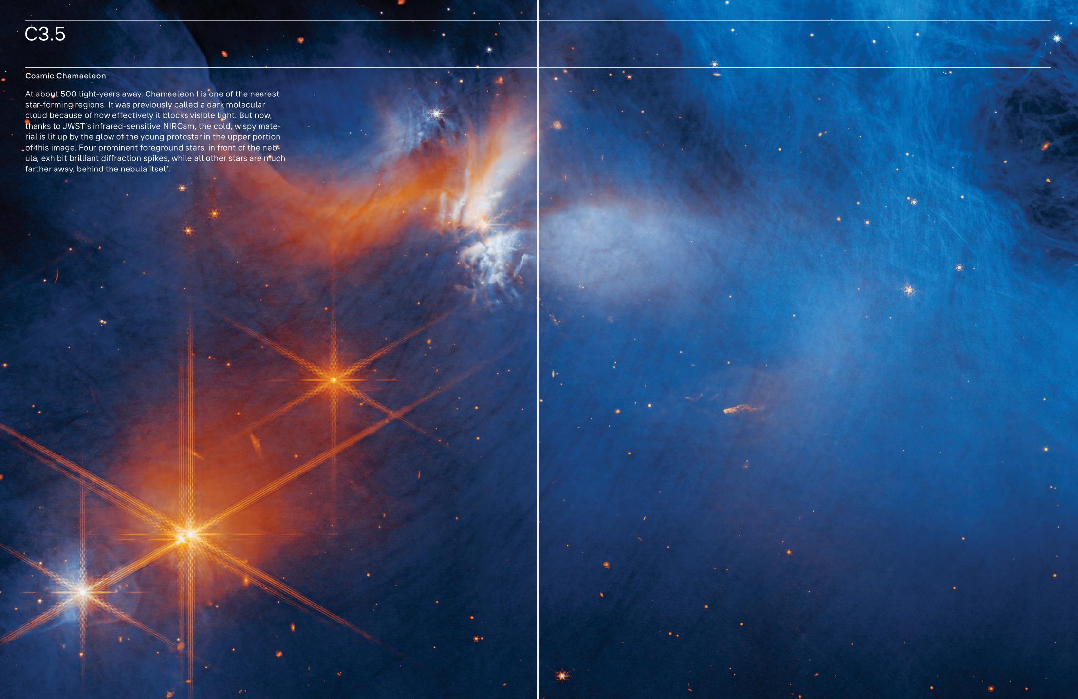 A vivid image of a star-forming region in space, highlighting bright stars and swirling blue and orange nebulae. Text overlay describes the scene.