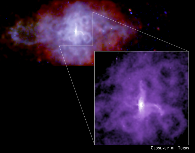 Image of a nebula with a highlighted purple section in a box labeled "Close-up of Torus" showing a detailed view of its bizarre structure, evoking the mystery akin to remnants of a supernova.