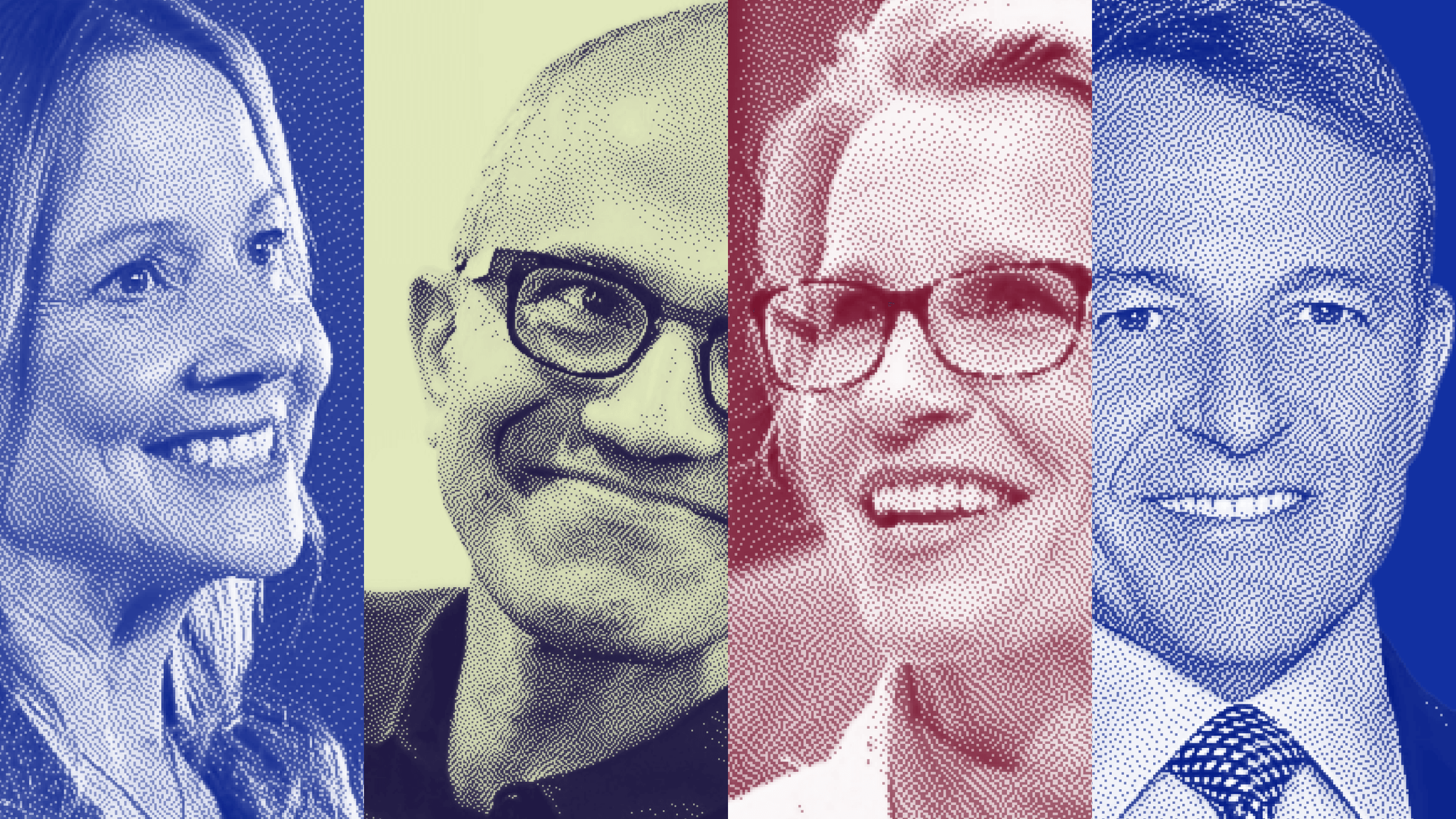 A digitally stylized image of four individuals, each in a different colored filter—blue, green, red, and blue—capturing the essence of an innovation strategy. The individuals are smiling and wearing glasses.