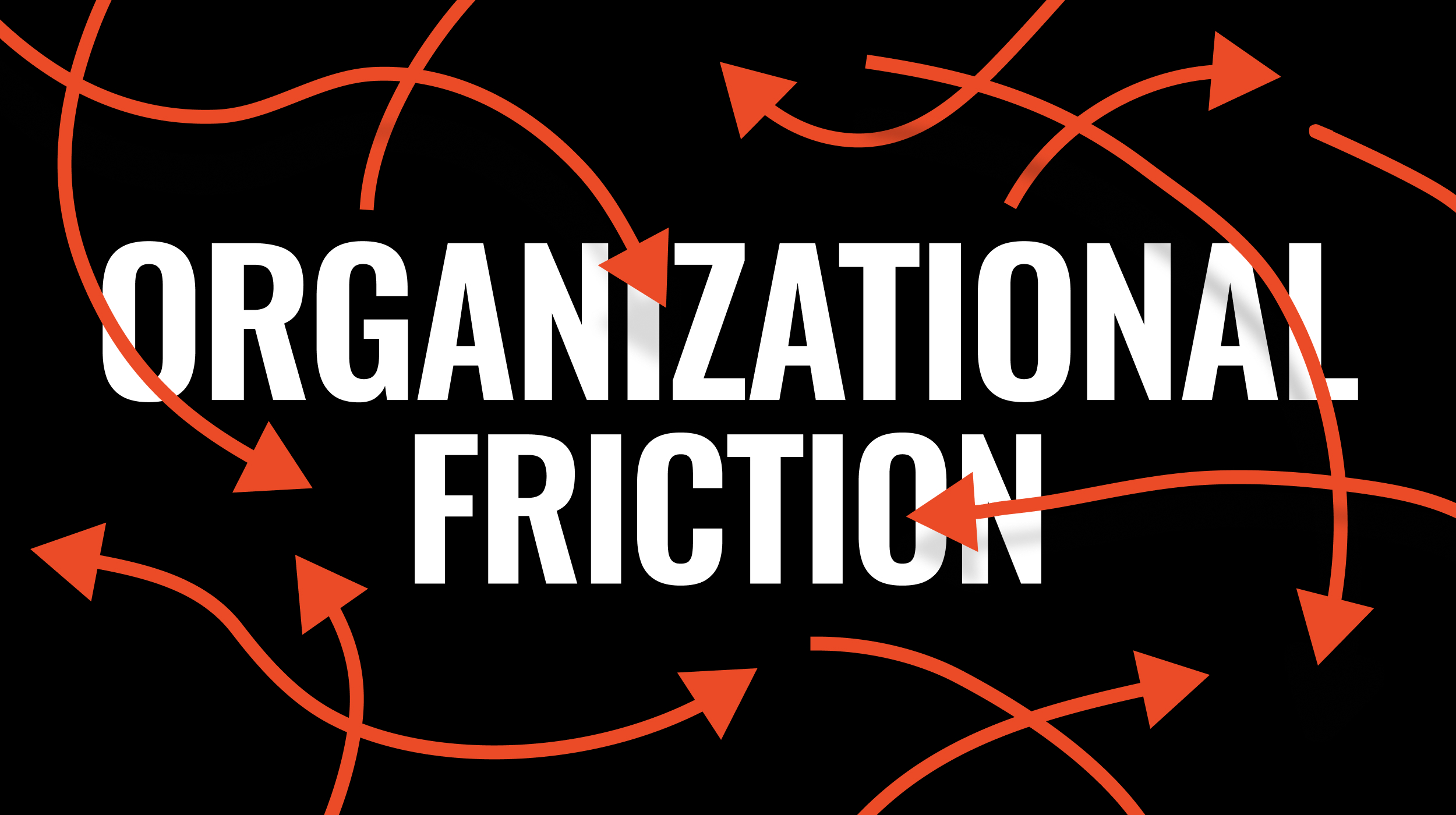 The image shows the words "Organizational Friction" in bold white text on a black background with red arrows crossing over them.