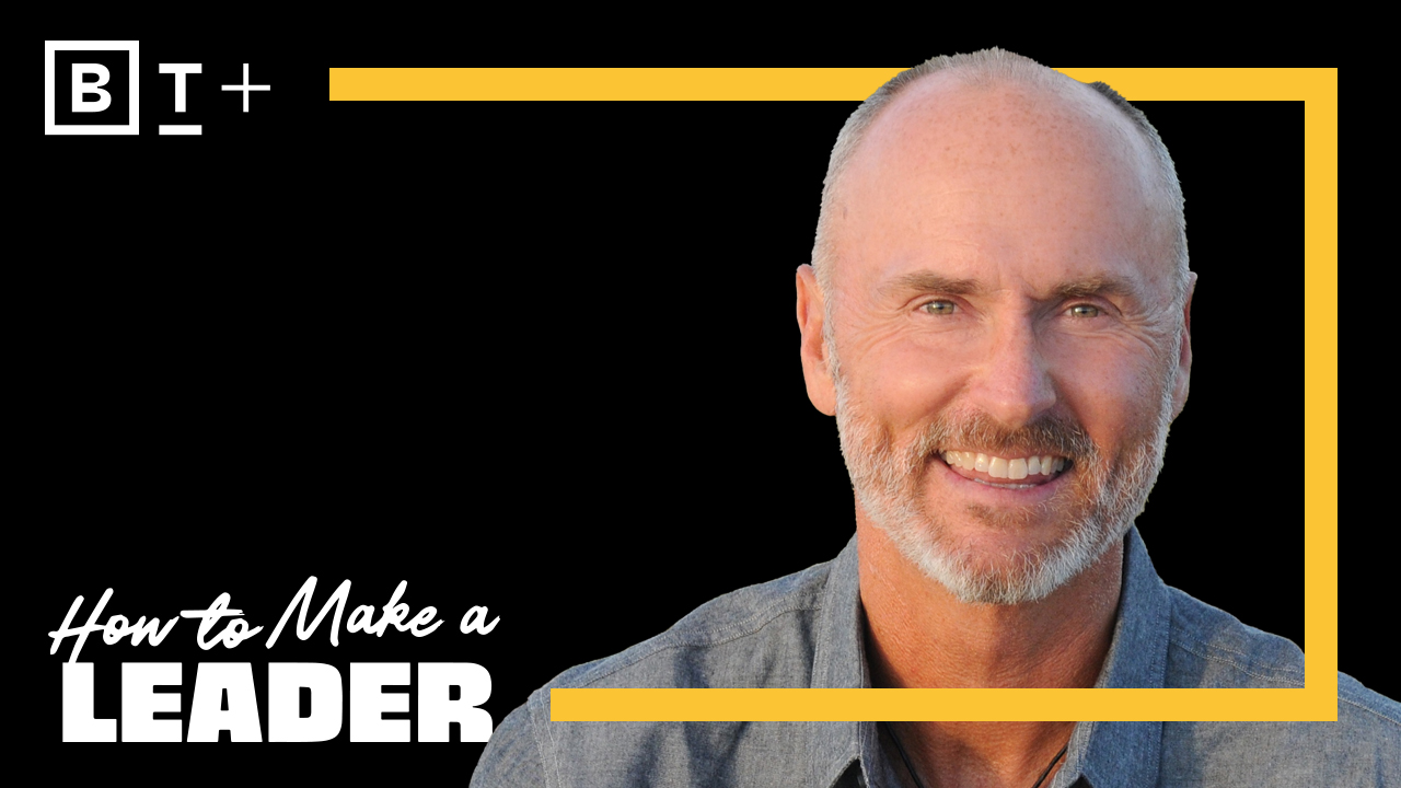 Smiling man in a gray shirt on a black background with text "How to Make a Leader" and yellow frame accents.