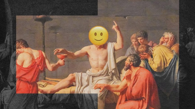 Classical painting with figures gathered around a central person, now replaced by a smiling emoji face, gesturing upwards. This playful twist adds a modern touch, as one figure offers a cup amidst the vibrant emojis.