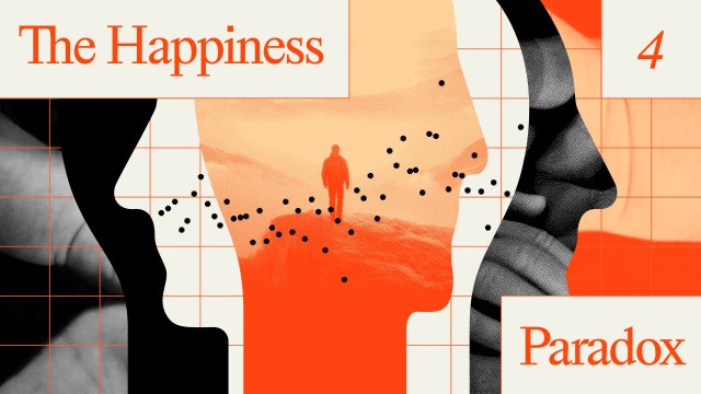 Abstract design with human profiles, a silhouette of a person walking, and text reading "The Happiness Paradox 4" on a grid background.