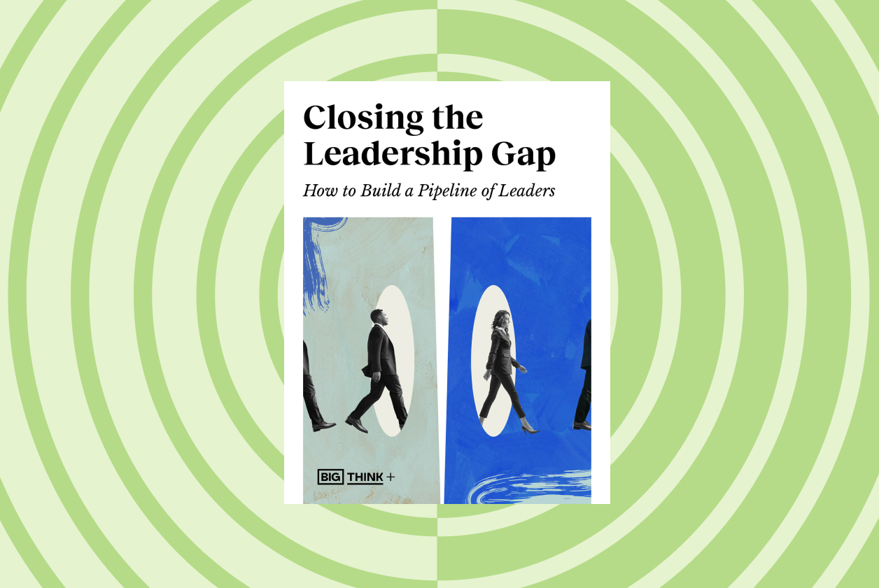 Book cover titled "Closing the Leadership Gap: How to Build a Pipeline of Leaders" against a green circular patterned background, featuring silhouettes of people walking through doorways.