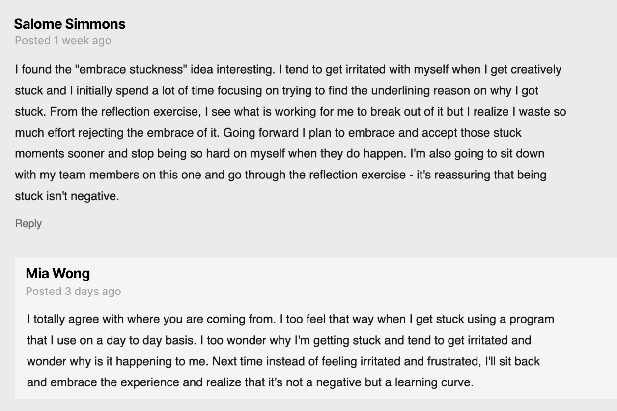 Screenshot of an online forum with a discussion about overcoming creative block. Two users, Salome Simmons and Mia Wong, share their experiences and strategies to embrace and learn from it.