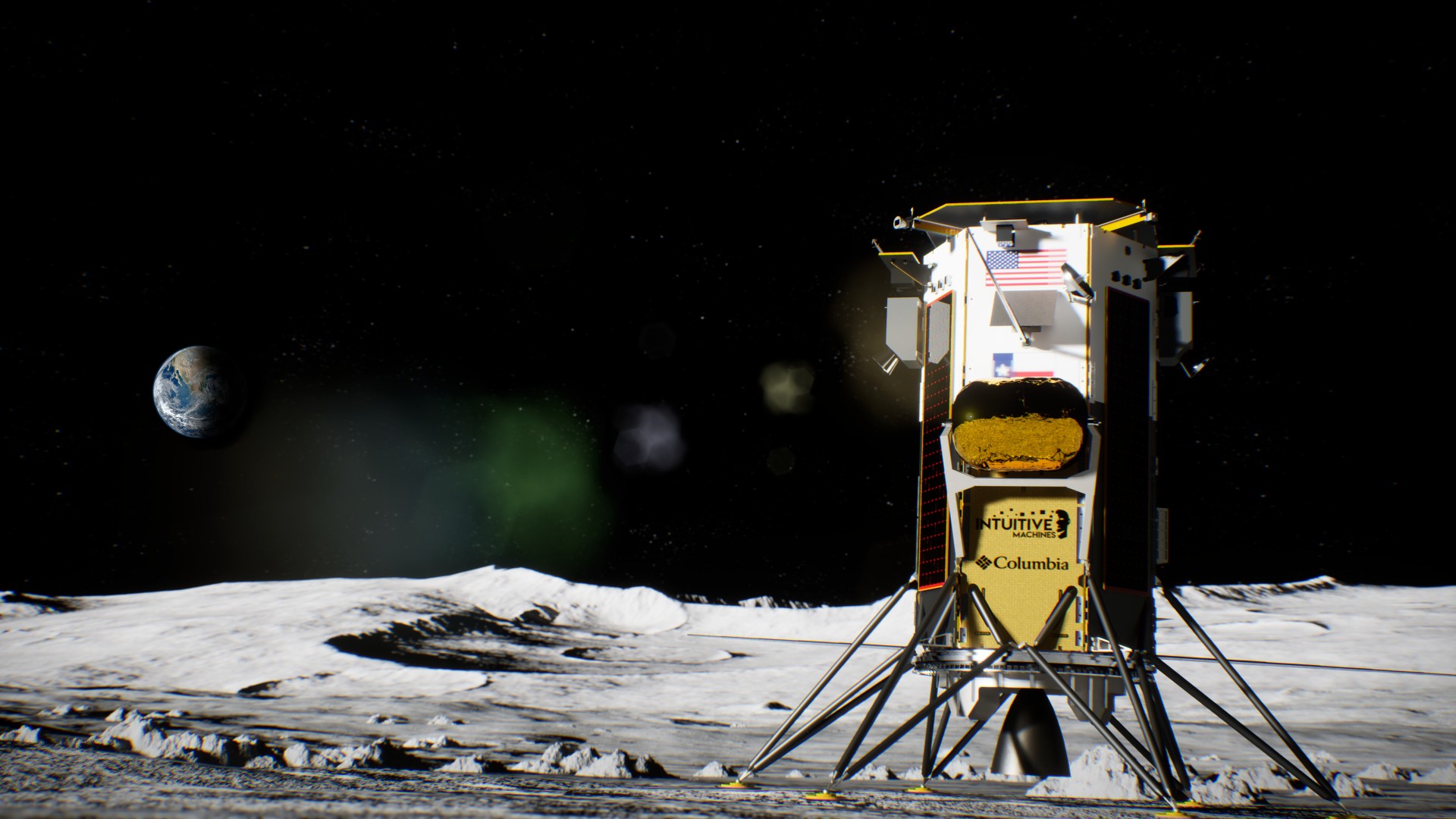 A lunar lander stands on the moon's surface with Earth visible in the distant background against a starry space.