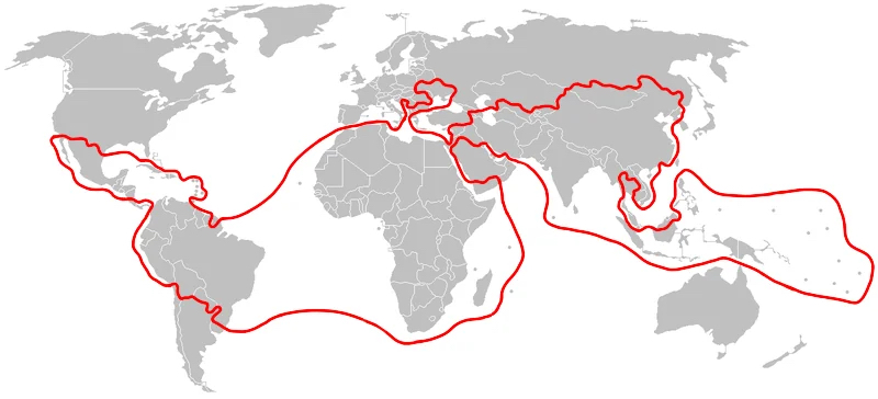 World map with a red line indicating the Ring of Fire, focusing on tectonic plate boundaries and volcanic activity zones across the Pacific Ocean.