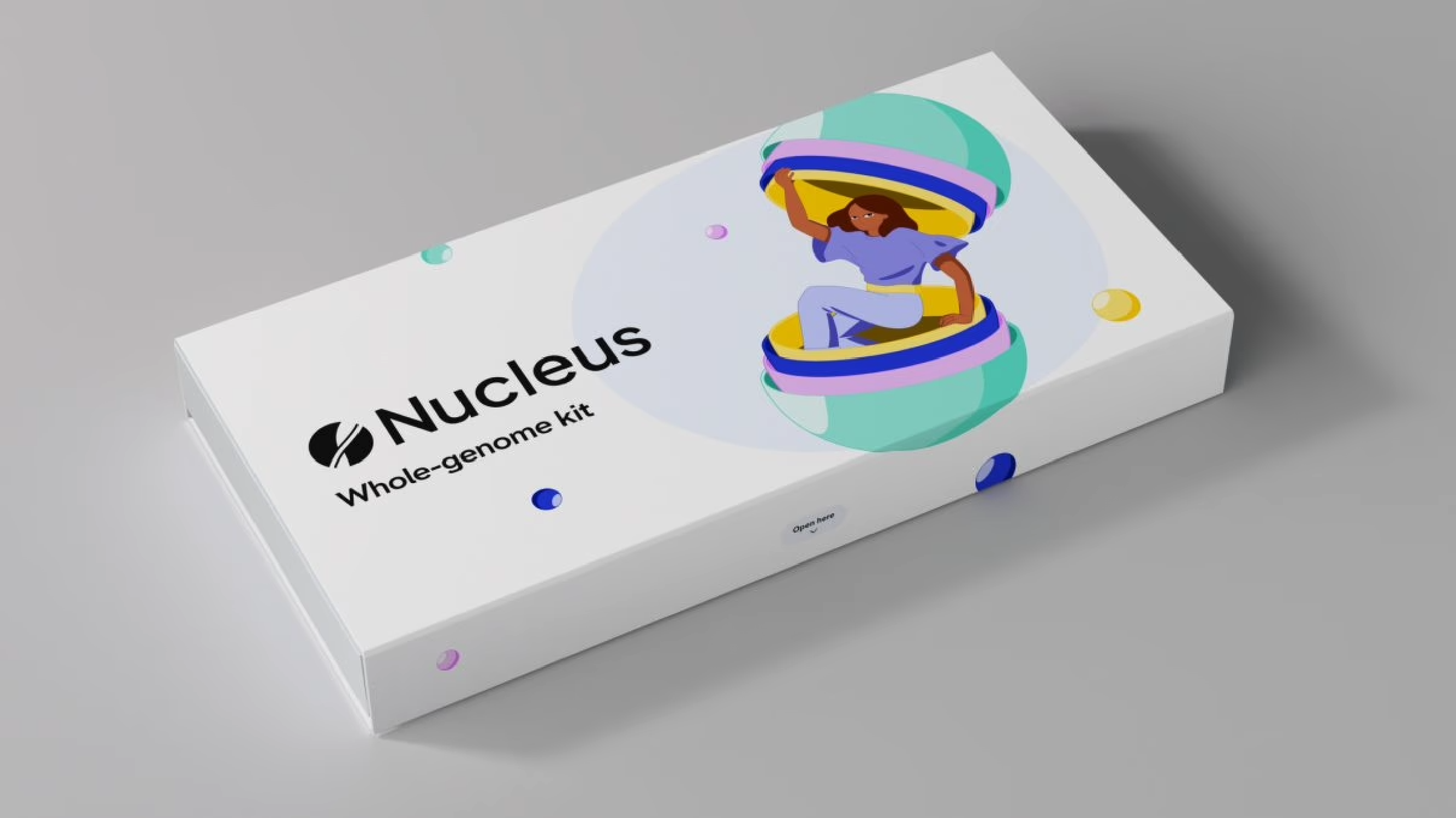 A white box labeled "Nucleus Whole-genome kit" with an illustration of a person inside a stylized DNA helix.