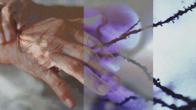 Overlay of hands with abstract purple and black lines in the background.