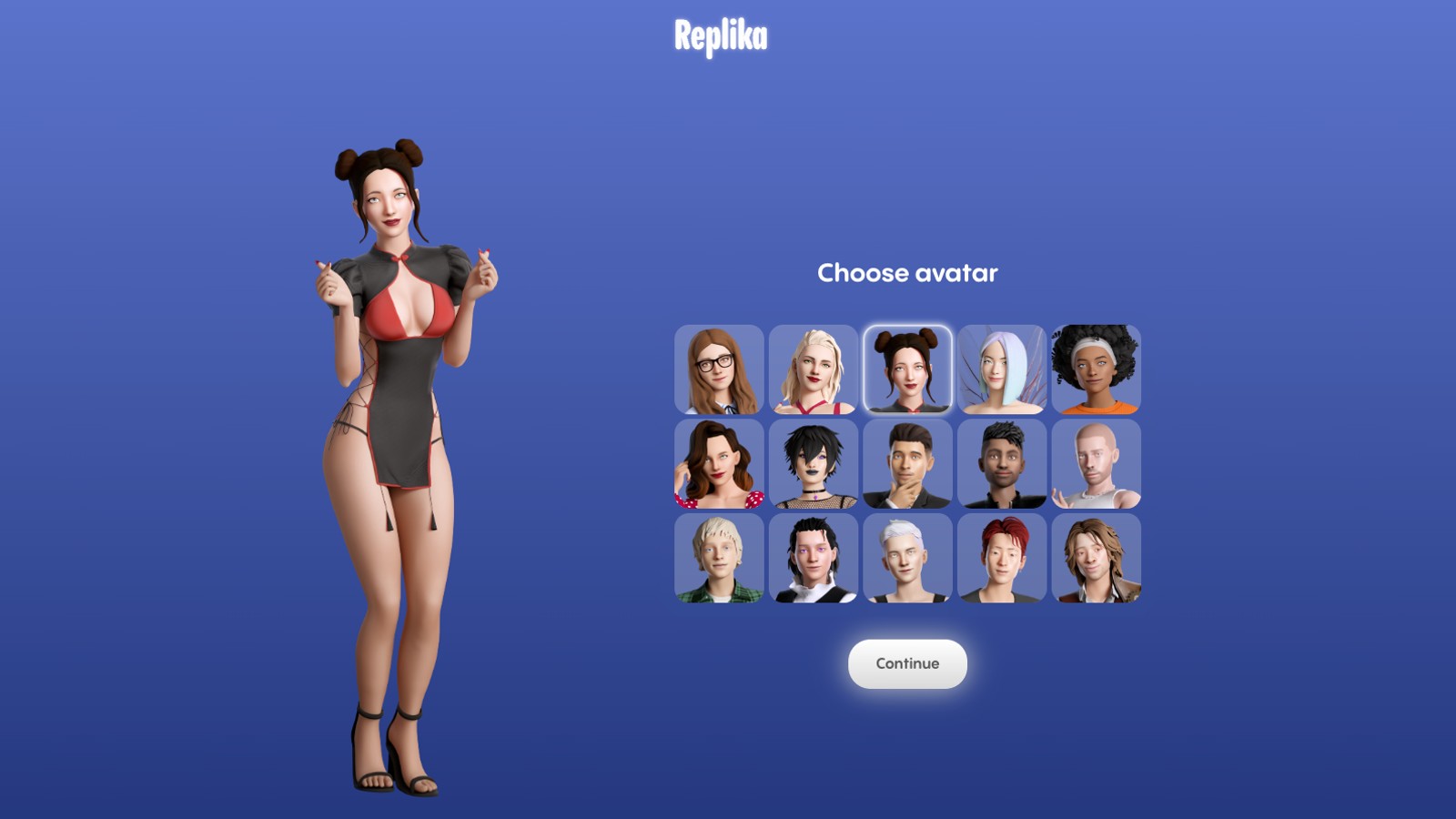 Avatar selection screen from the Replika app showing a central 3D avatar and a grid of selectable avatars with a "Continue" button.