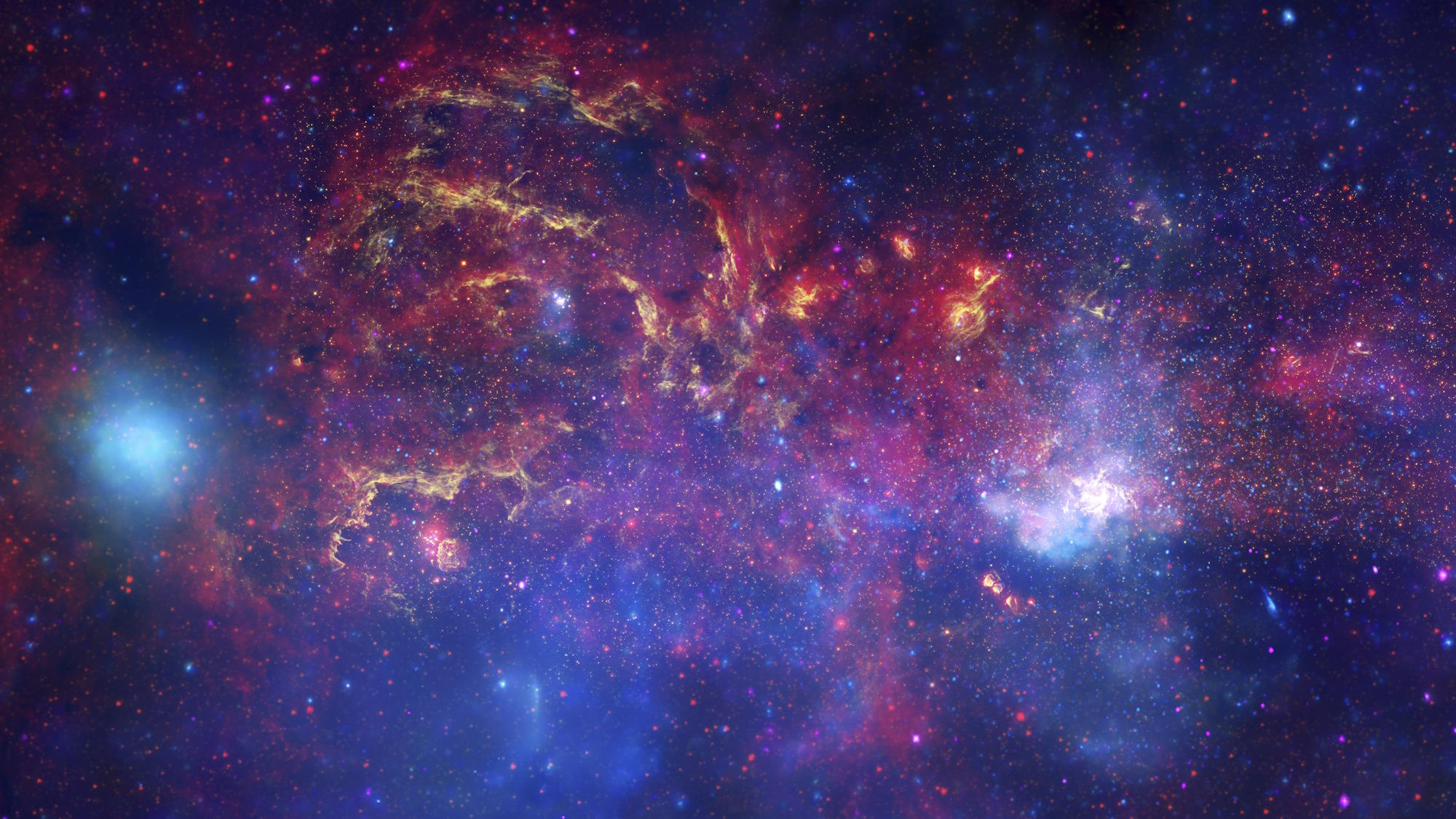 A vivid cosmic scene reveals colorful nebulae and stardust in vibrant shades of blue, purple, and orange, set against a backdrop of space. NASA observatories capture this celestial beauty, unveiling hidden holes in the vast tapestry of the universe.