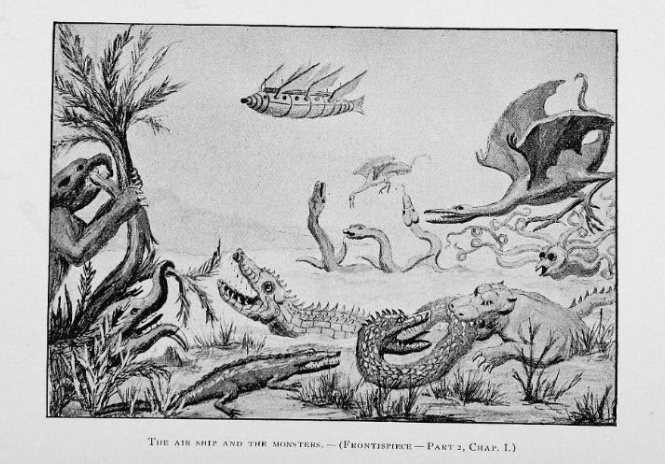 A black-and-white illustration of various fantastical monsters, including serpents, a flying creature, and a mechanical airship, in a chaotic scene.