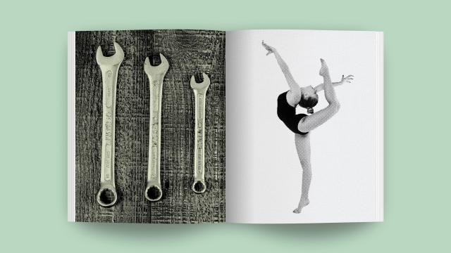 An open book reveals three wrenches on the left page and a dancer balancing gracefully on the right, set against a green background, embodying a skills-powered future where craftsmanship and artistry unite.