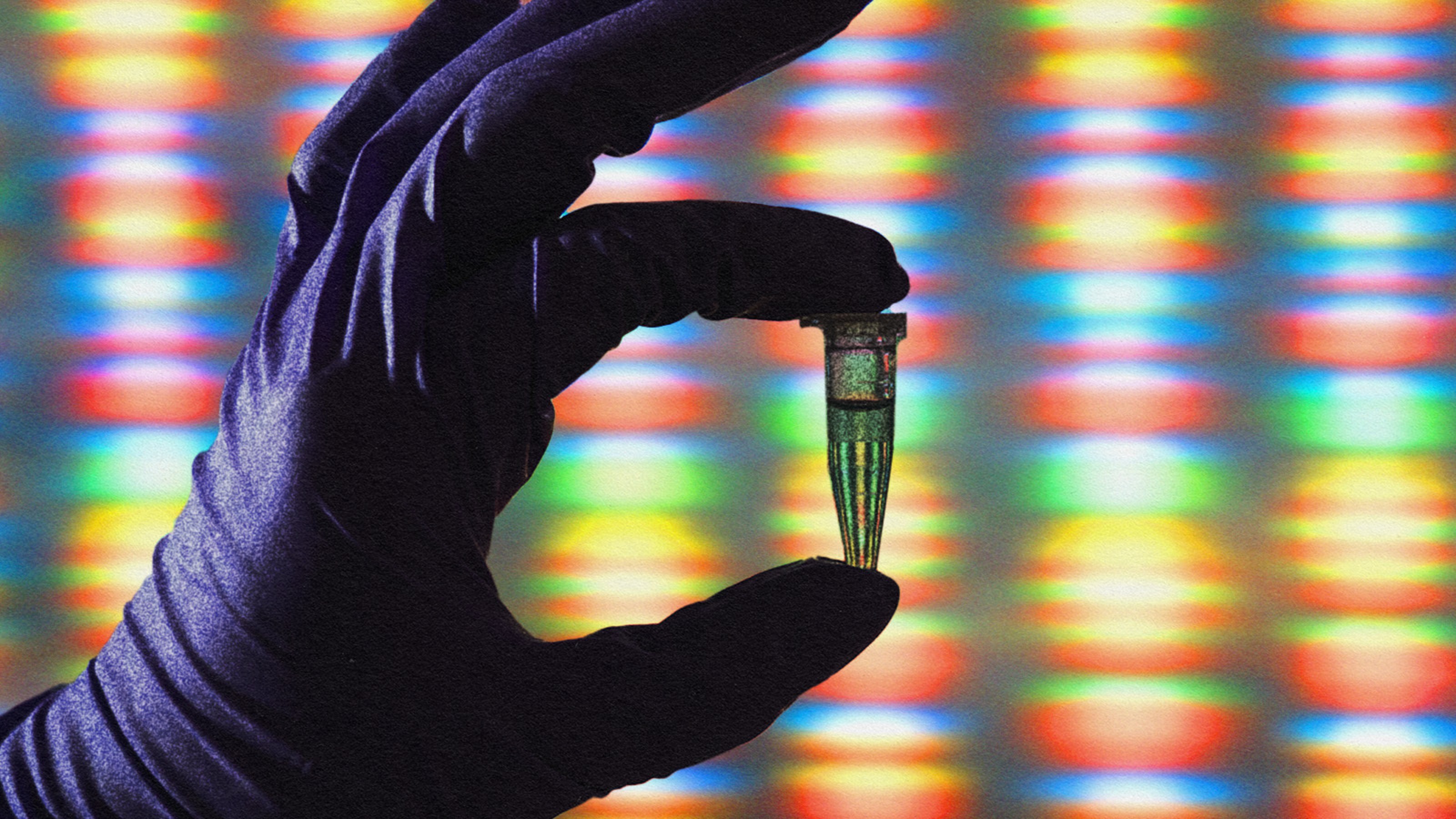 A gloved hand holds a small vial in front of a colorful, blurred background resembling a DNA sequence.