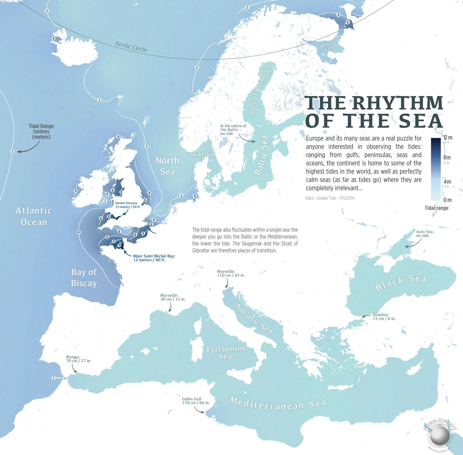 Map illustrating tidal ranges in Europe and nearby regions, highlighting areas of high tidal activity such as the Bay of Fundy and featuring various seas and oceans.