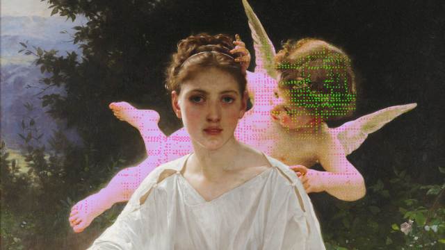 A young woman in a white dress sits in front of a digital representation of Cupid with pink and green pixels. The background features a landscape with trees.