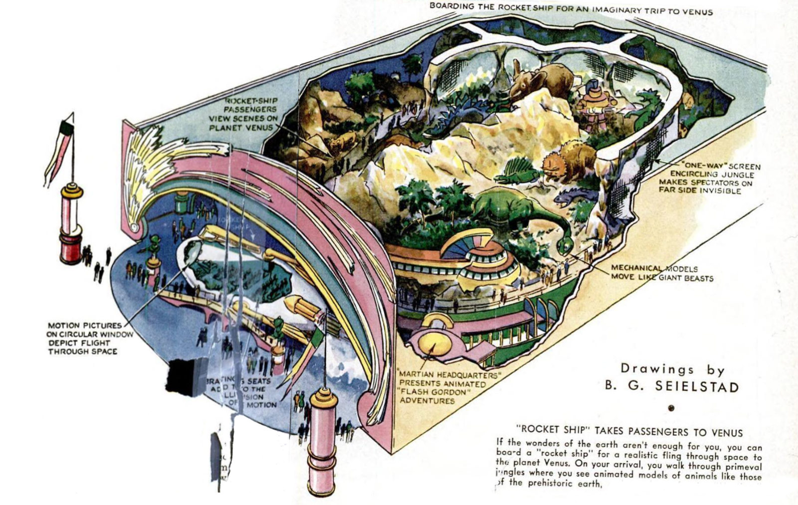 Illustration of a futuristic theme park ride concept, featuring a rocket ship journey to a Venus-like planet with giant beasts, mechanical models, and immersive environments.