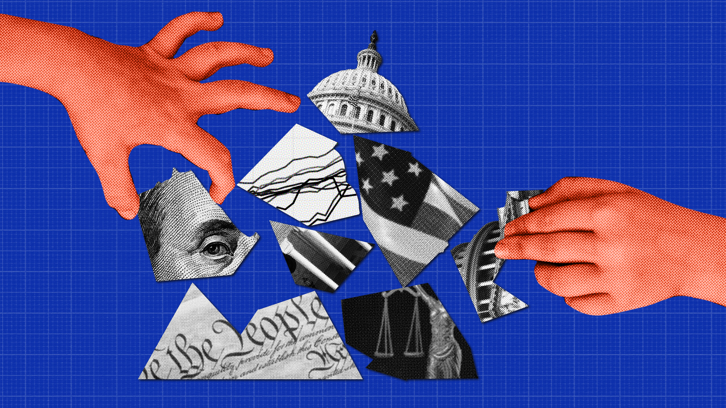 Two hands piecing together a collage of illustrations including elements like the US Capitol dome, an American flag, a portion of the US Constitution, and an eye from a dollar bill against a blue background.