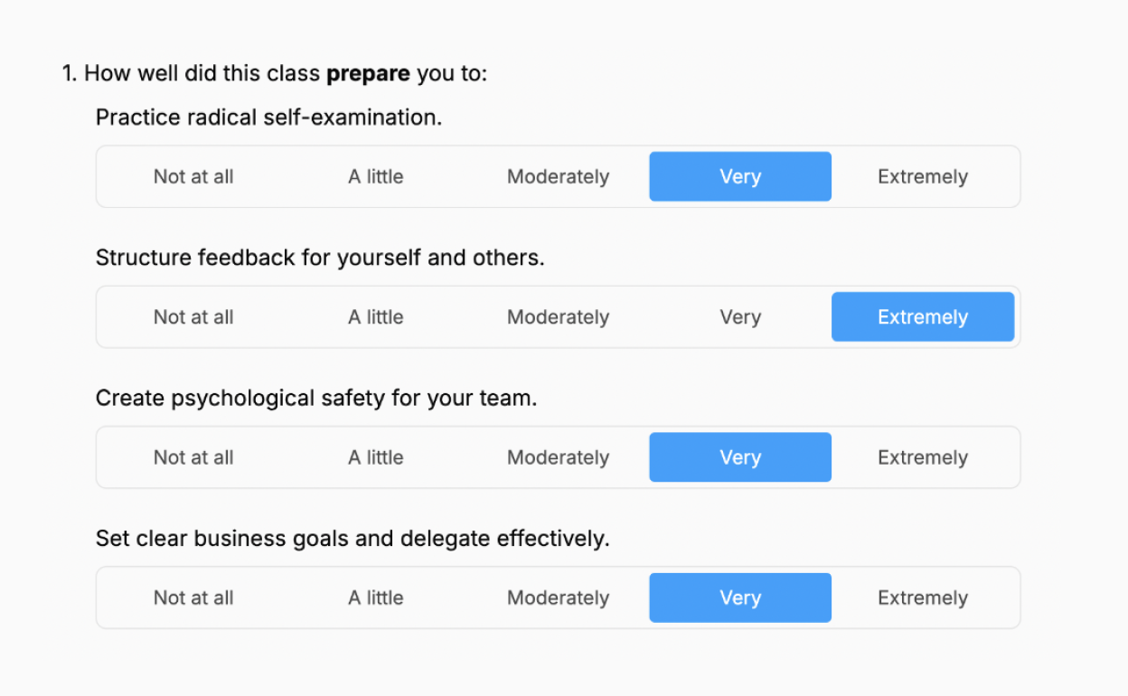 A survey question asks how well a class prepared participants in four areas: radical self-examination, feedback, psychological safety, and goal setting, with responses ranging from "Not at all" to "Extremely.