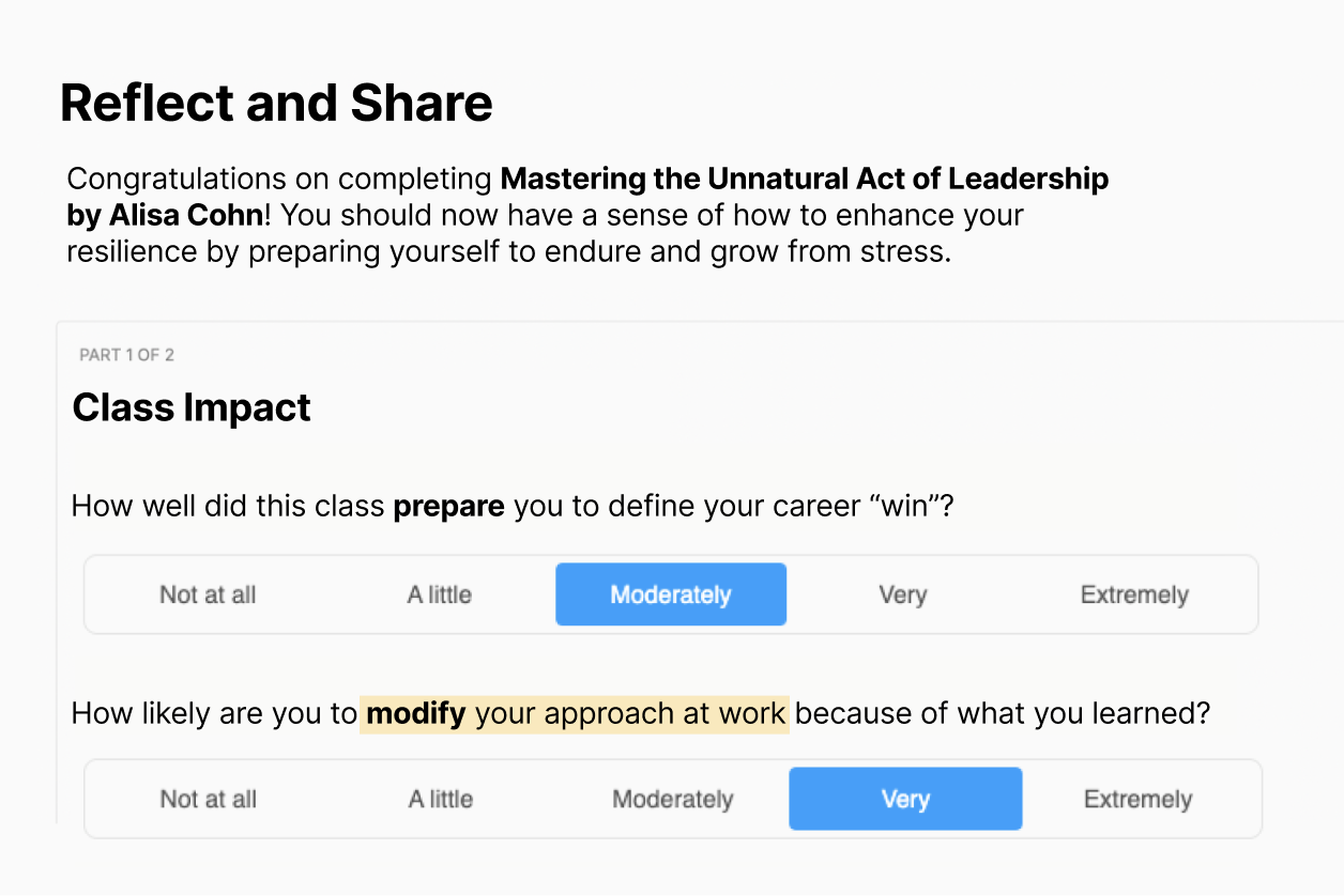 A feedback form asks how the class prepared someone to define a career "win" and the likelihood of modifying their work approach. Choices range from "Not at all" to "Extremely.