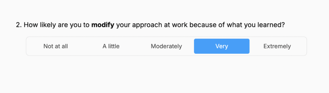 Survey question asking how likely one is to modify their work approach due to learning, with five response options: Not at all, A little, Moderately, Very, Extremely.