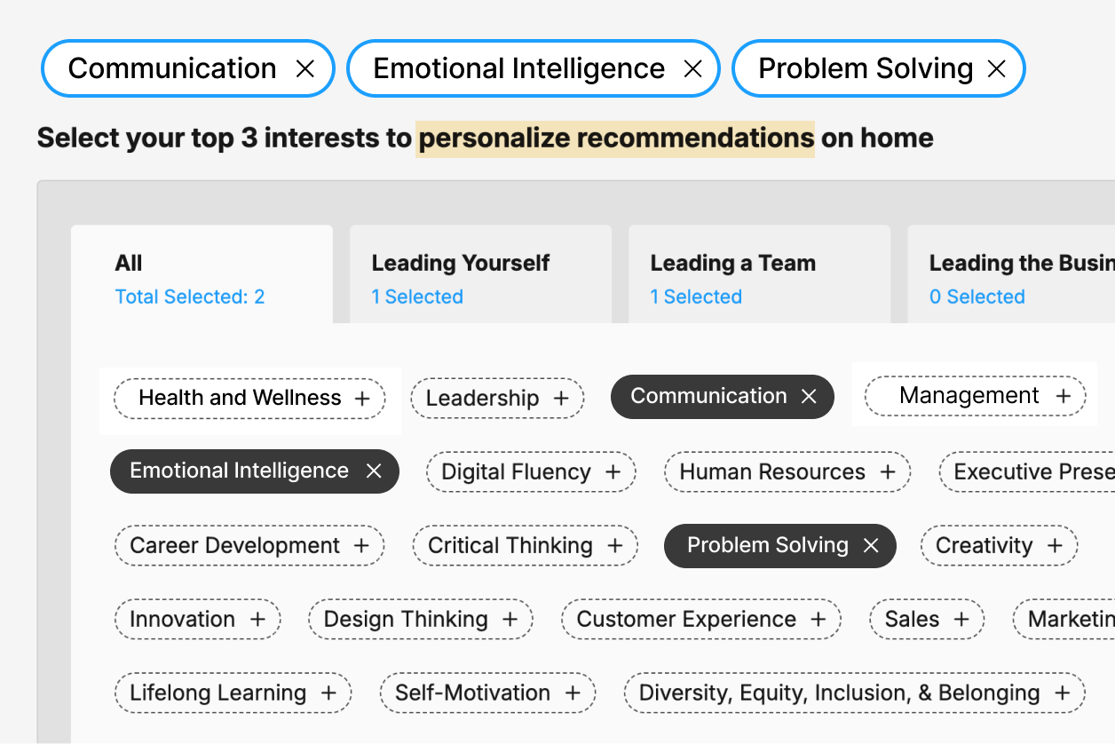 Online interface for selecting top interests, including options like Leadership, Communication, and Emotional Intelligence. Two interests selected at the top: Communication and Problem Solving.