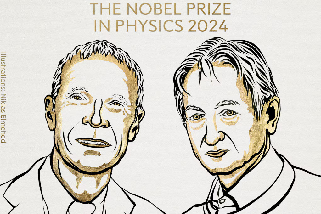 Illustration of two individuals with the text "The Nobel Prize in Physics 2024" gracefully floating above them. Artwork by Niklas Elmehed.