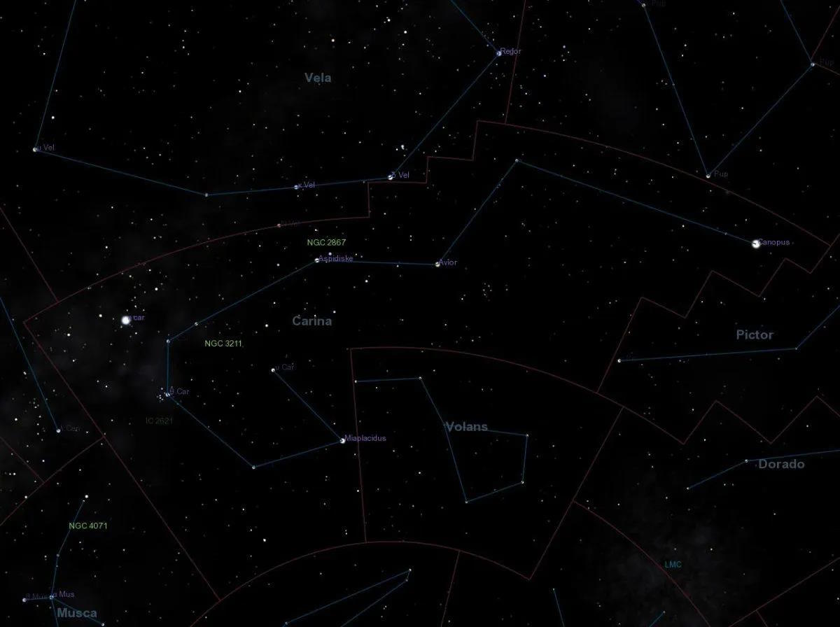 Star chart revealing the constellation Carina, intriguingly featuring labeled stars and adjacent constellations like Vela and Pictor, with a hint of mystery surrounding an ancient supernova.