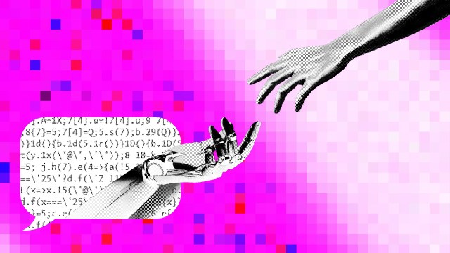 A human hand reaches toward a robotic hand, which includes a speech bubble with mathematical code. A pixelated pink background completes the scene.