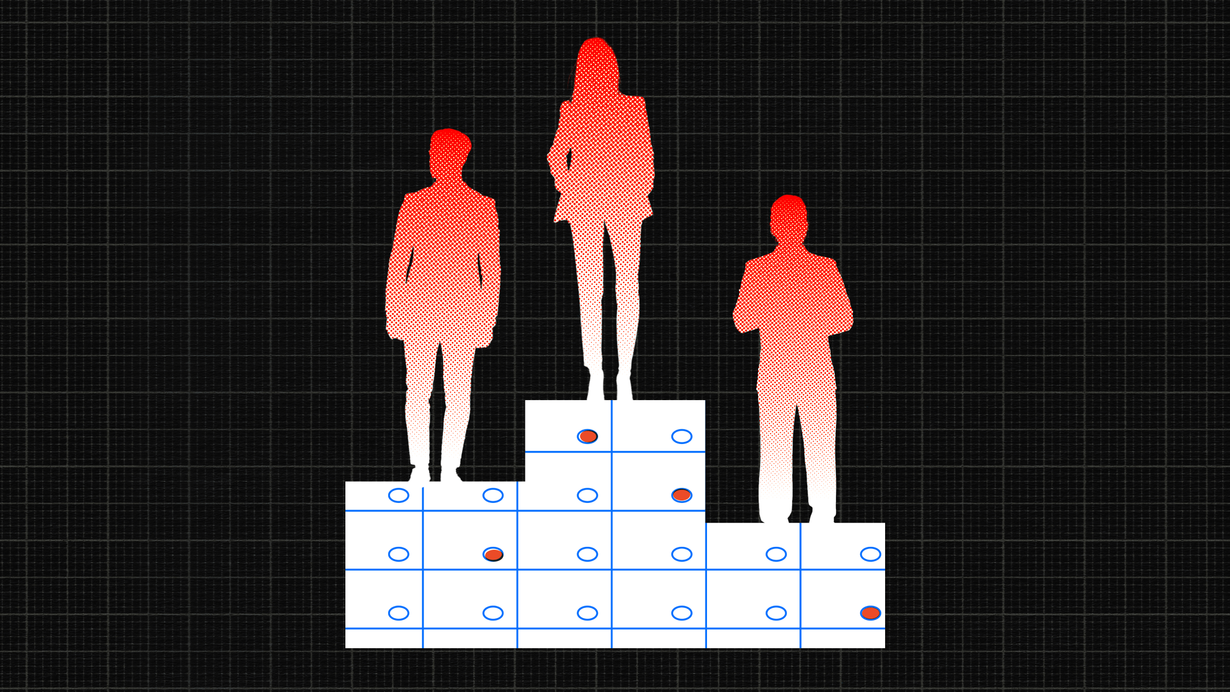 Silhouettes of three people in red stand on a podium made of white cubes, evoking the spirit of ranked choice voting, with blue circles against a dark grid background.