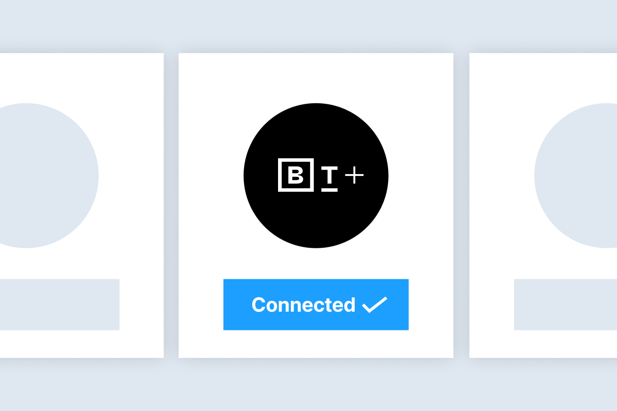 Black circle with "B+" logo above a blue button labeled "Connected" with a checkmark.