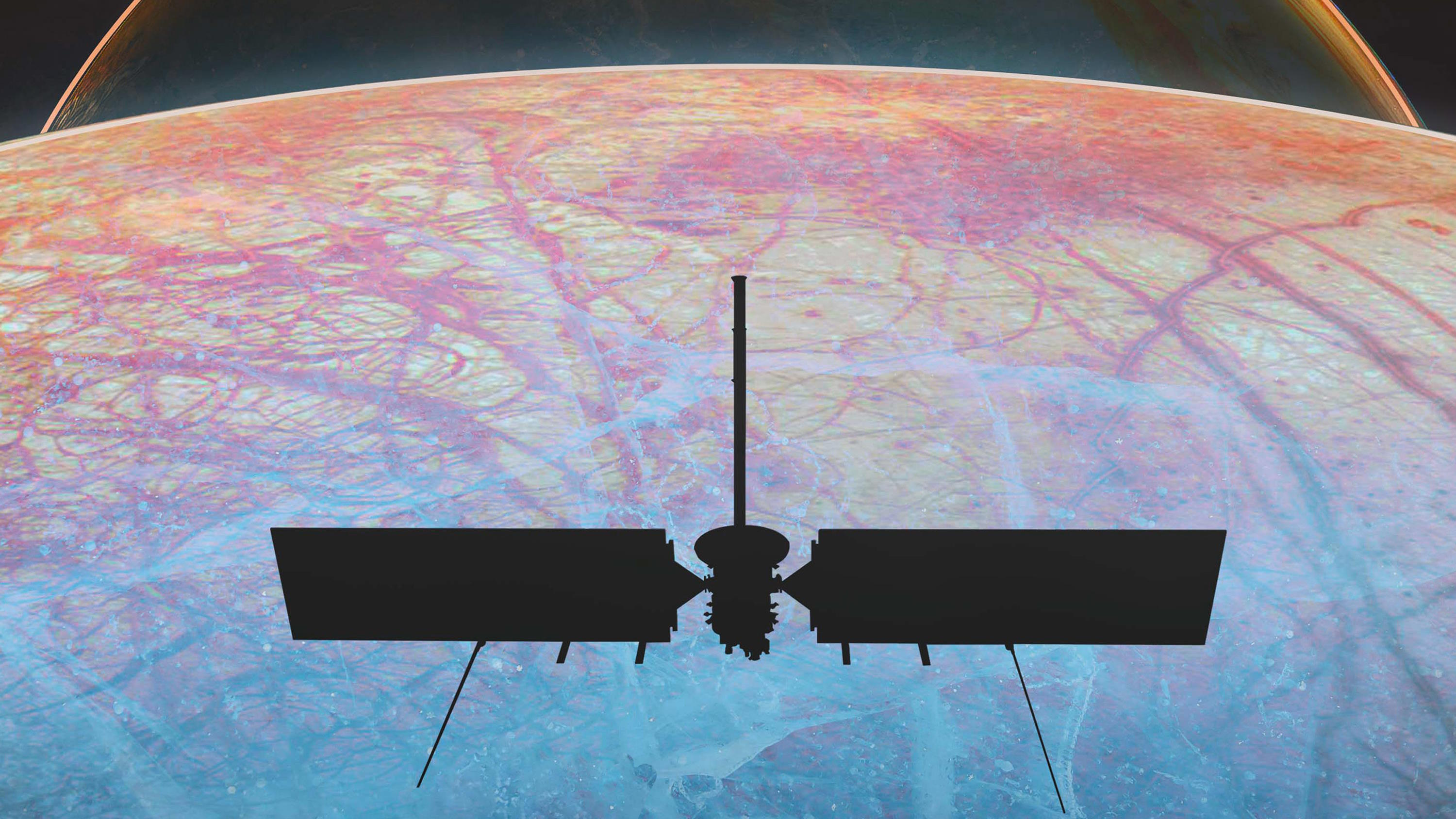 Silhouette of NASA's Europa Clipper spacecraft with antennas poised against a colorful planetary surface, sparking dreams of alien life.