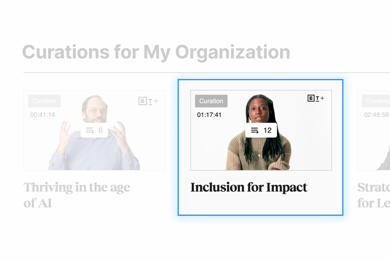 A webpage showcasing video curations with a highlighted video titled "Inclusion for Impact," featuring a person speaking against a white background.